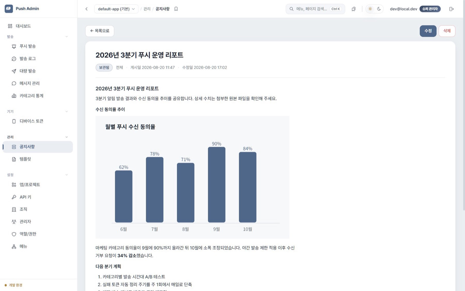 푸시 알림 플랫폼 — 공지 — 범위(전체 · 테넌트 · 앱)별 게시 · 첨부